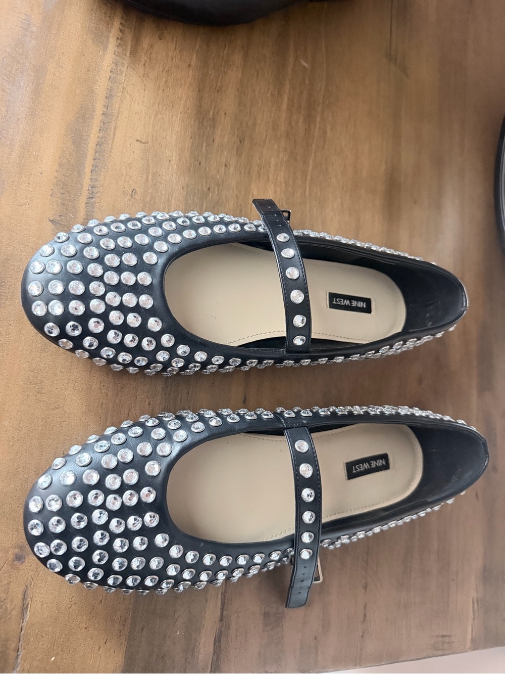 Nine West Black Crystal-Studded Mary Jane Flats
